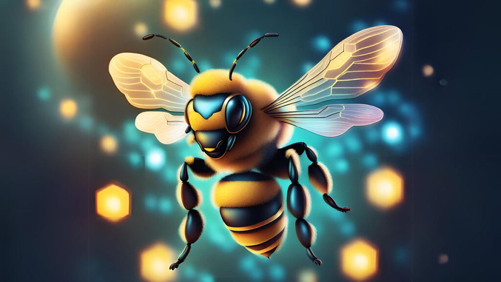 In the center, is a stylized illustration of a bee with wings outstretched with circuit board lines, incorporating digital elements such as pixel patterns to symbolize the integration of digital solutions.
